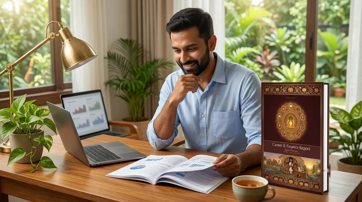 An entrepreneur reading his report in his home office