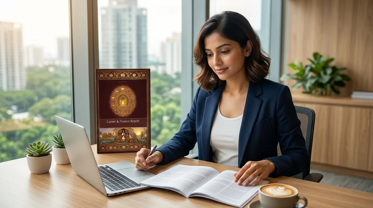 A young professional reading her career report at work