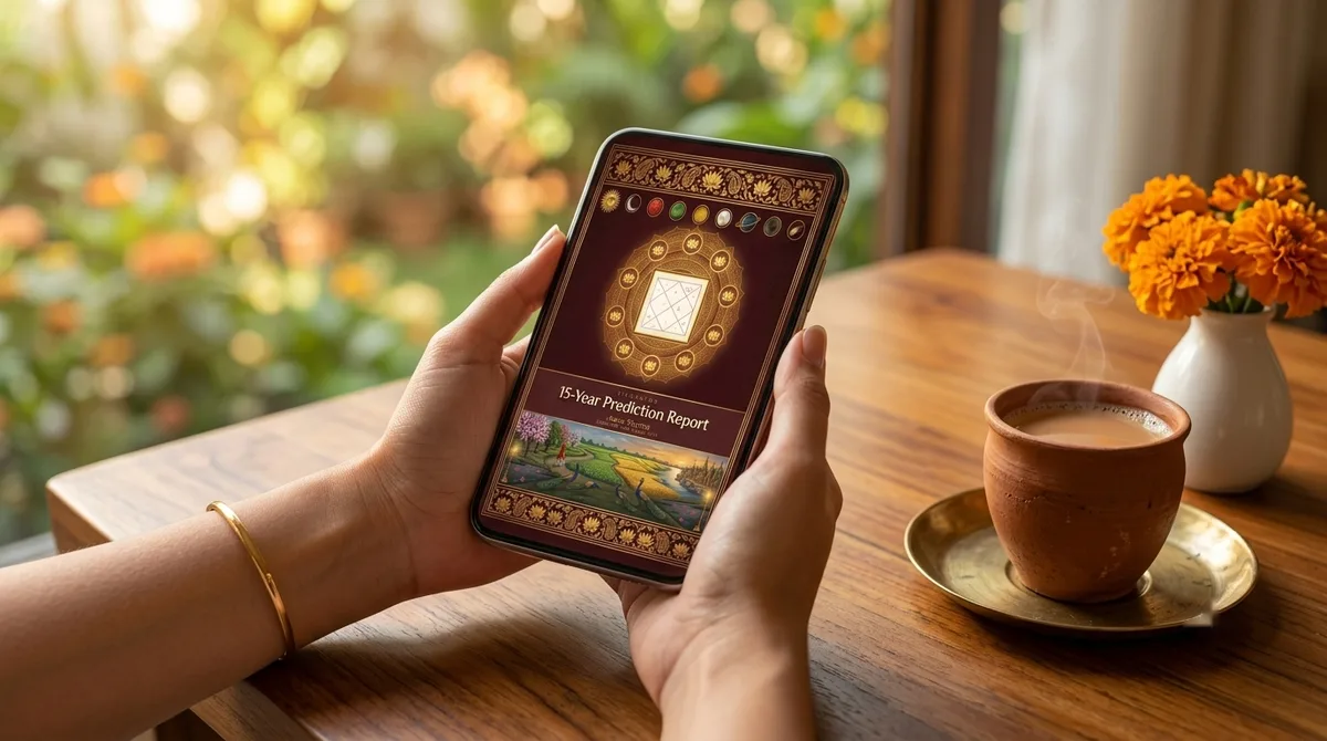 The report on a phone, next to a cup of tea