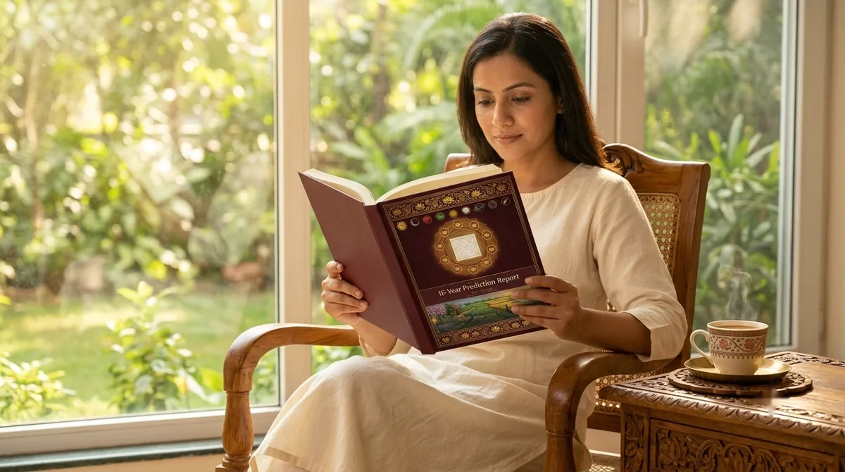 A woman reading her 15-Year Prediction Report by a sunlit window