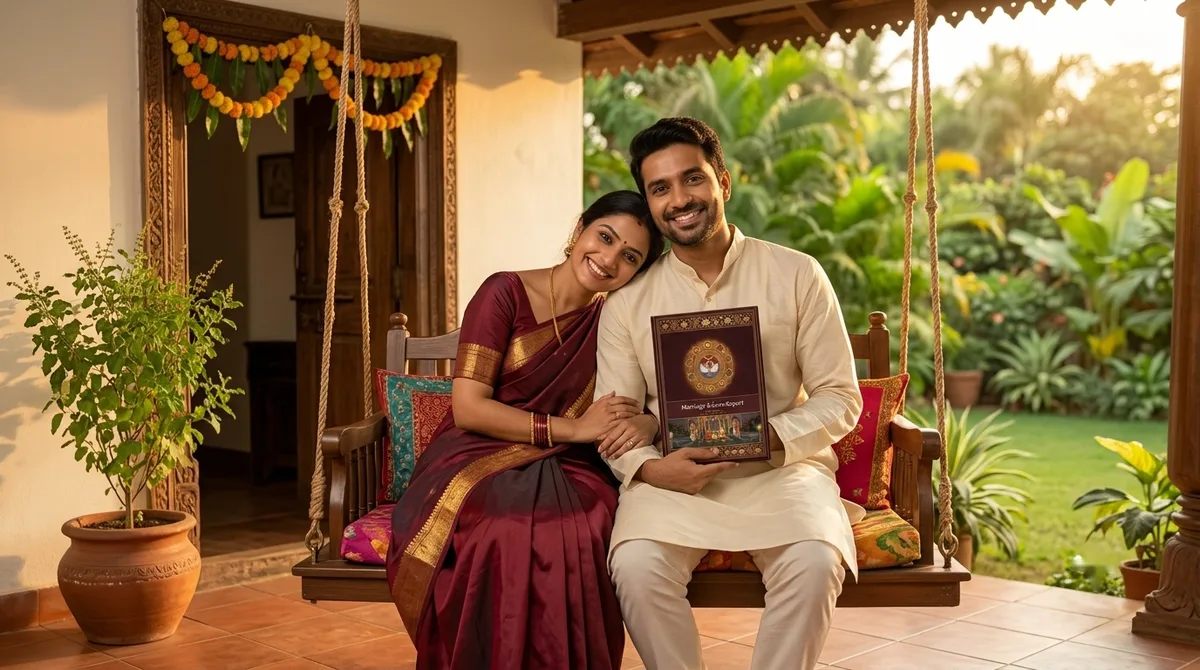 A married couple on a veranda swing with the report