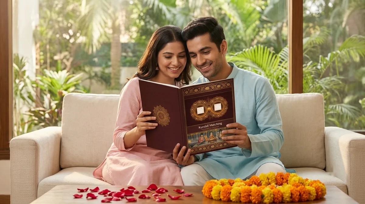 A couple reading their Kundali Matching report