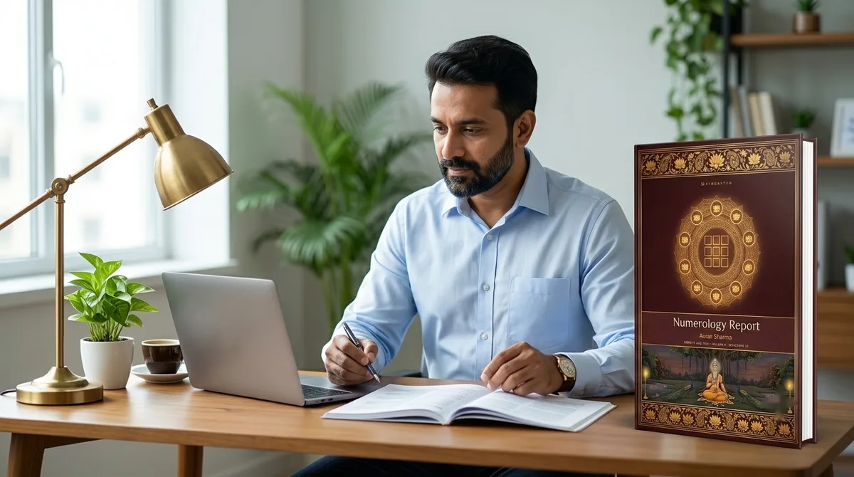 A businessman reading his numerology report at his desk