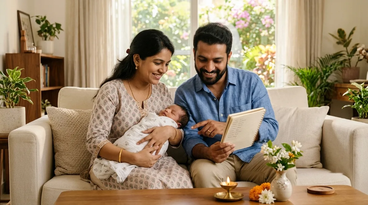 A couple choosing a name for their newborn