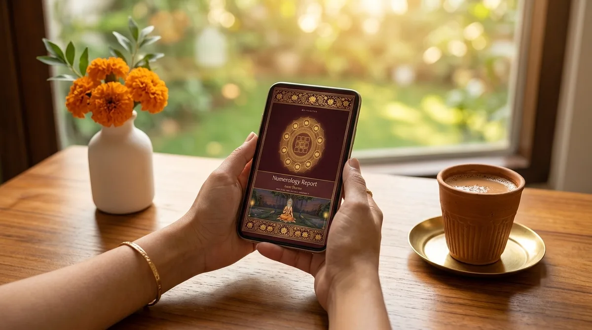 The numerology report on a phone, next to a cup of tea