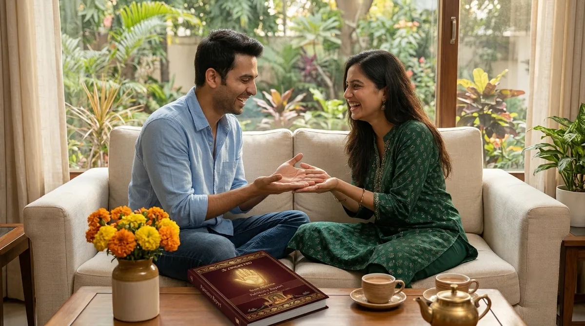 A couple comparing their palms and laughing