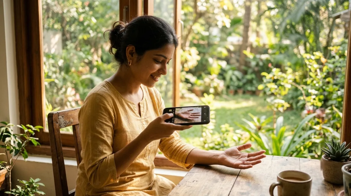 A woman photographing her open palm with her phone