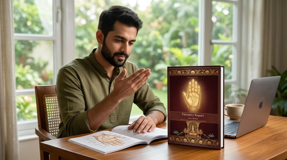 A man comparing his palm with his palmistry report