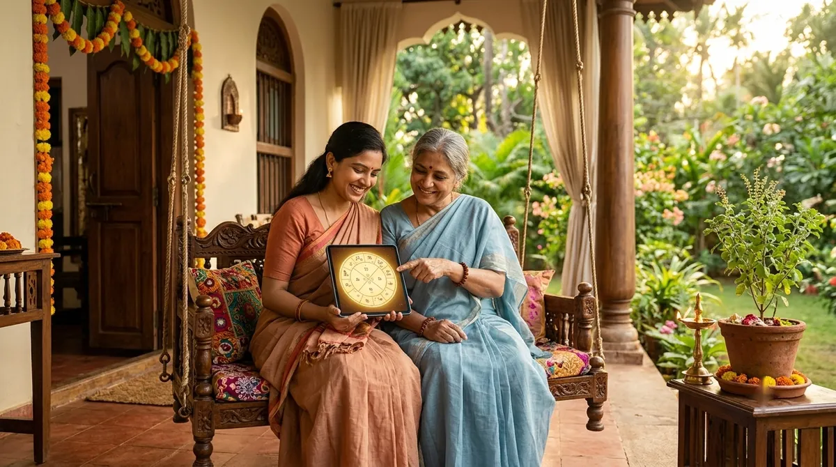 A mother and daughter looking at a birth chart together