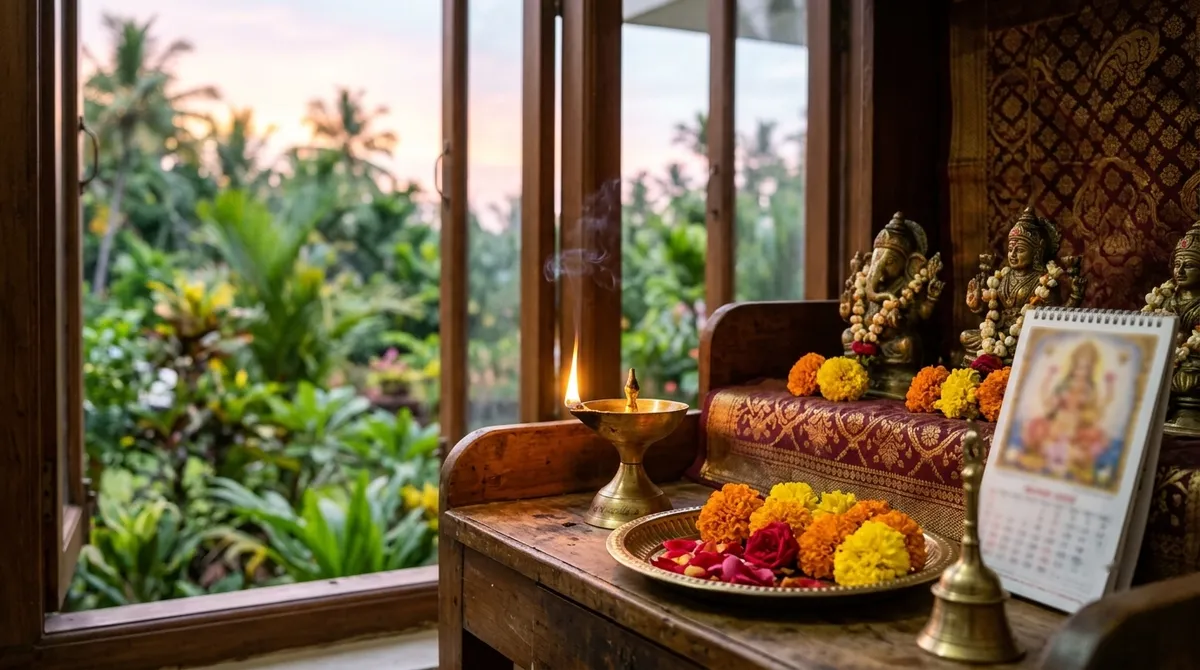 A home puja corner at sunrise